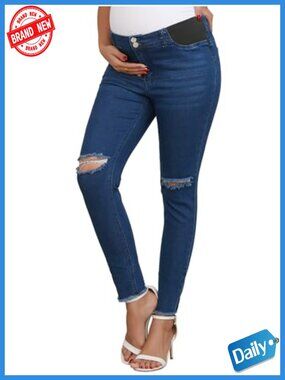 Maternity Skinny Jeans Stretchy Denim Ripped Knees Low Rise Under Belly Work